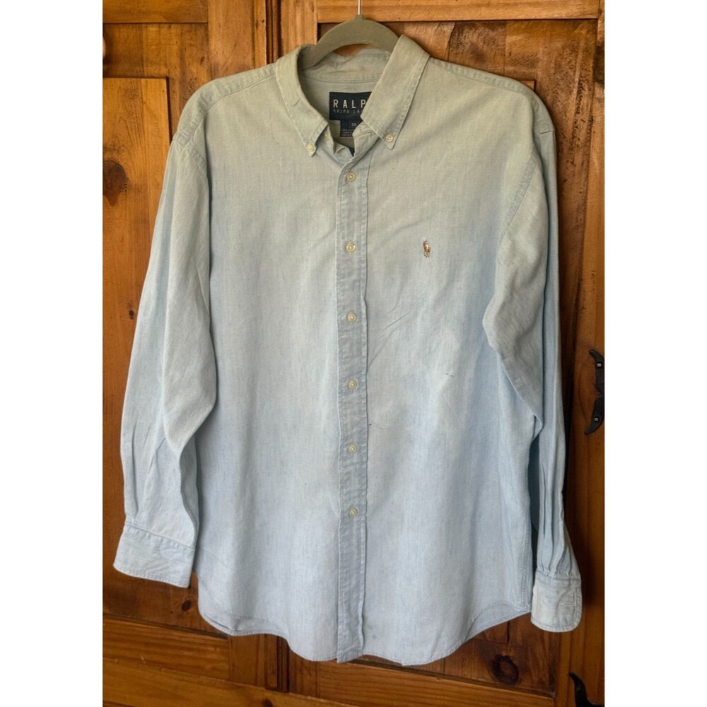 VTG 90s RALPH by Ralph Lauren Light Blue Work Shirt Distressed Cuff Women Sz 14